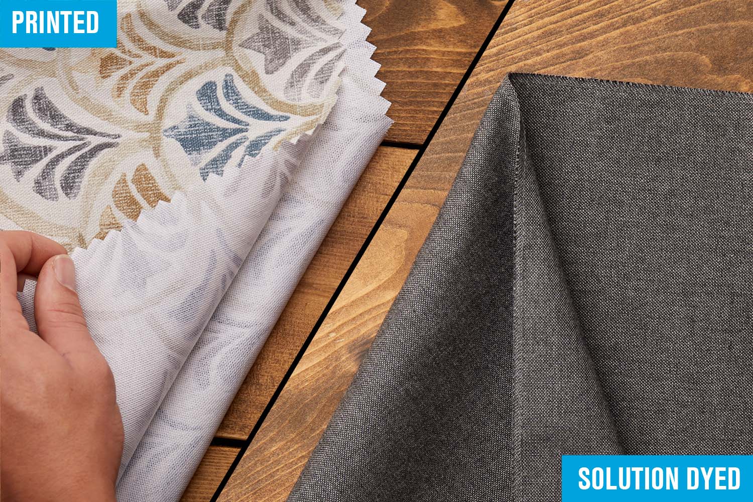 a side-by-side comparison of a printed and a solution-dyed fabric